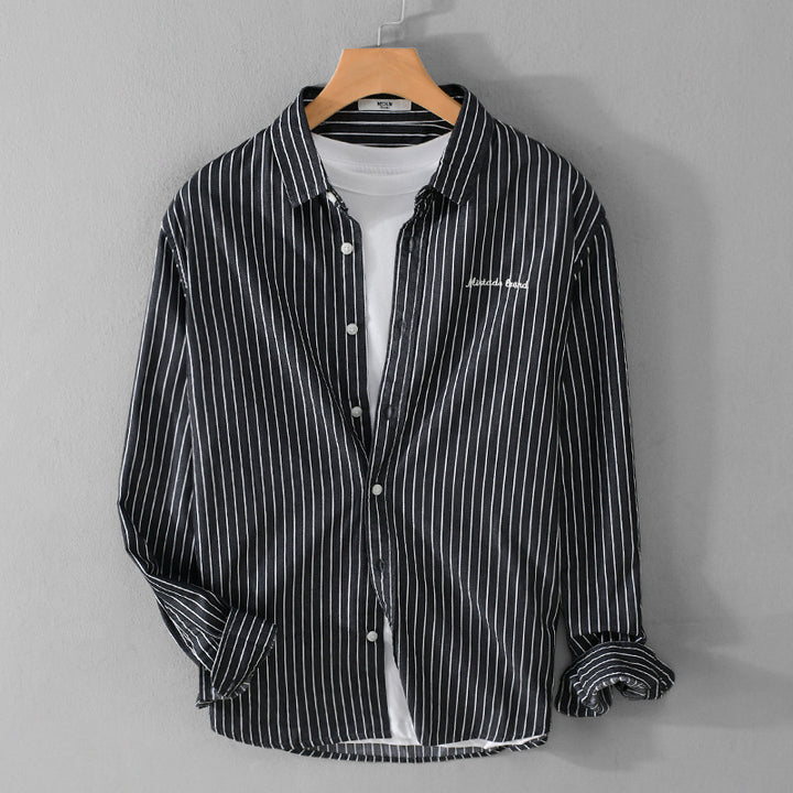 Men's pinstripe layered shirt in overshirt style with subtle chest embroidery Mune Fashion