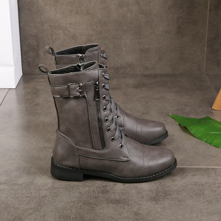 Women's ankle-high lace-up boots made of synthetic leather with a side zipper and durable tread sole Mune Fashion