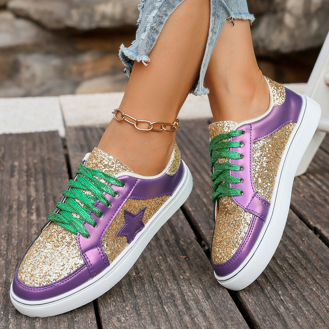 Women's fashionable platform sneakers with glitter panels, star appliqué, and padded comfort sole Mune Fashion
