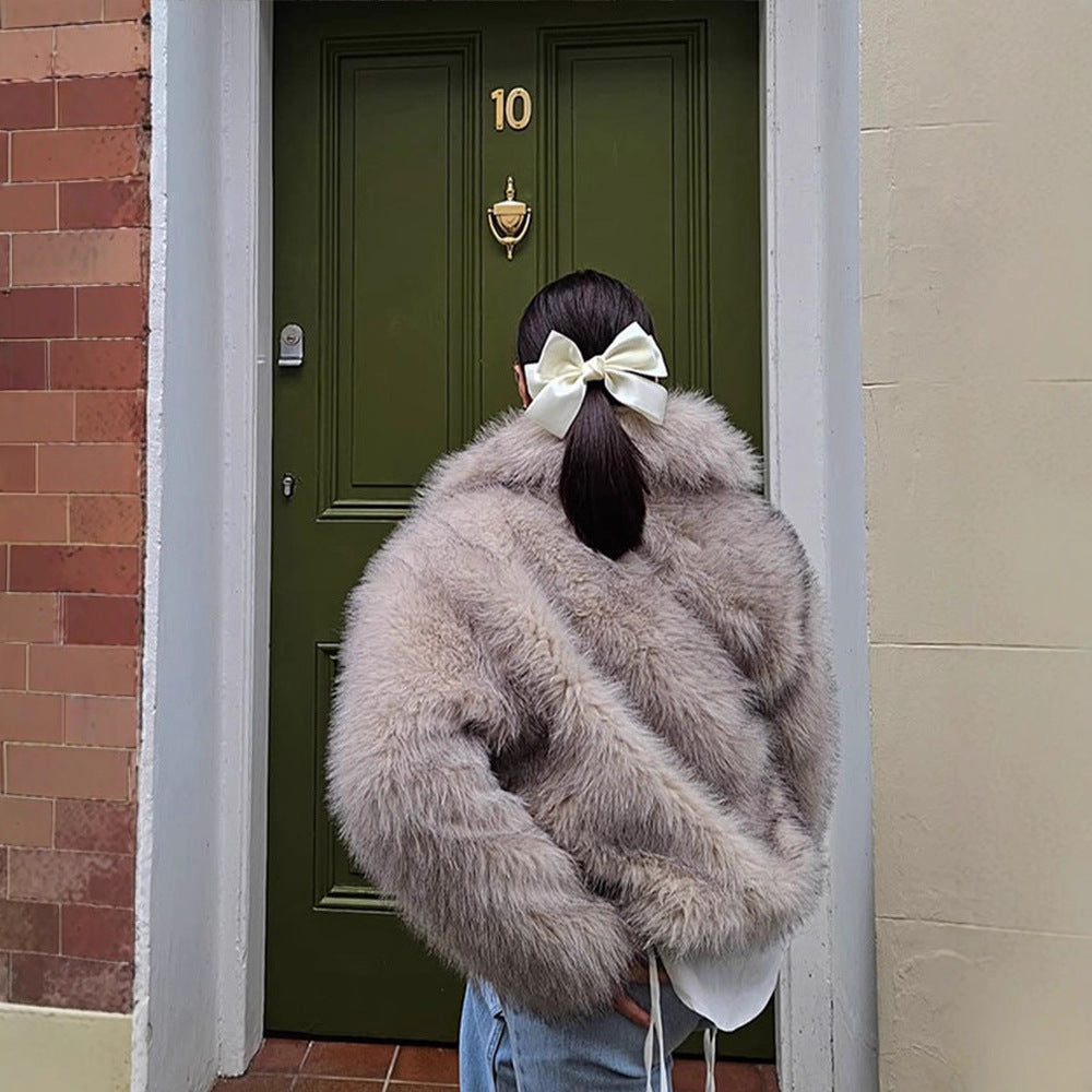 Women Short Boxy Jacket made of high-pile faux fur with high shawl collar Mune Fashion