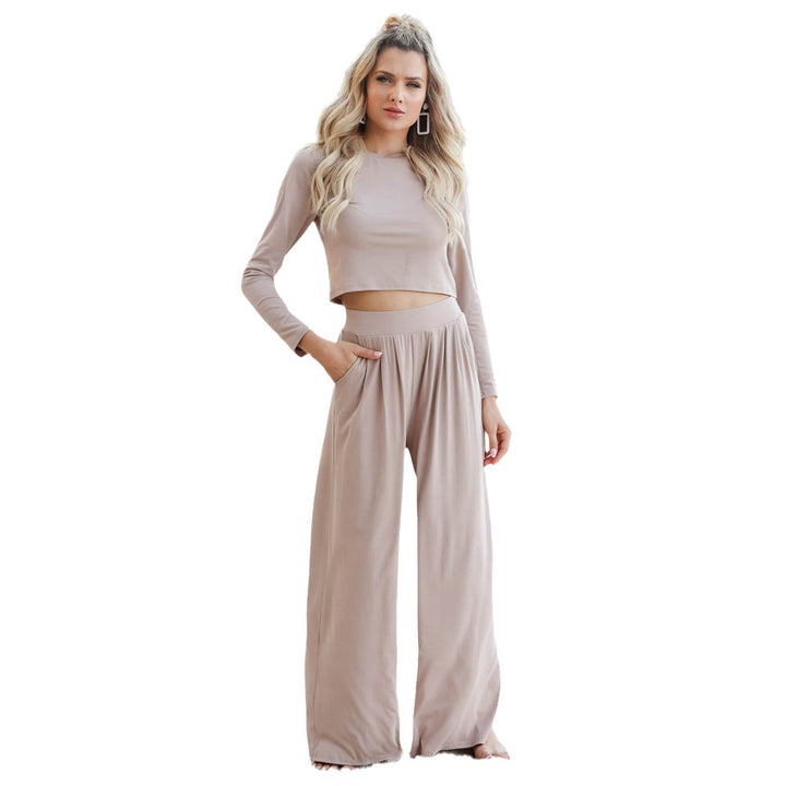 Women's Long-Sleeve Cropped Pullover and High-Waist Wide-Leg Lounge Set Mune Fashion