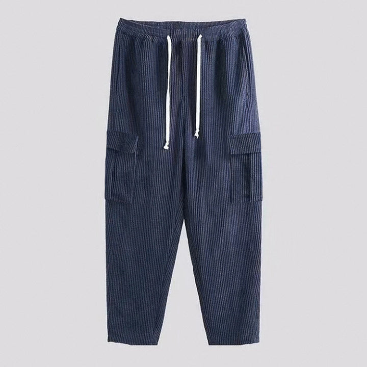 Men's corduroy cargo pants with elastic waistband, drawstring & applied flap pockets Mune Fashion