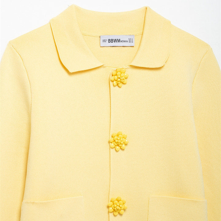 Women 10+ tailored cardigan with shirt collar and floral button decoration Mune Fashion