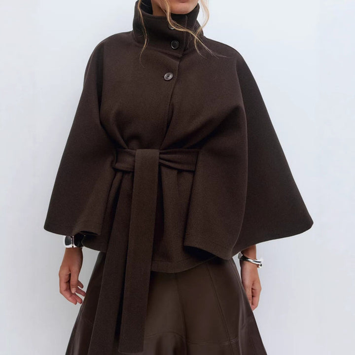 Women's oversized wool cape coat with stand-up collar and tie belt Mune Fashion