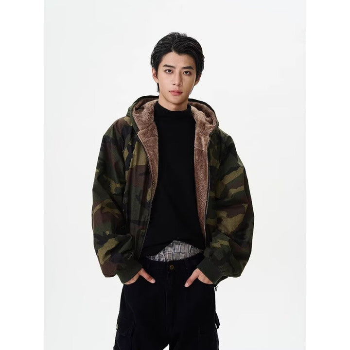 Men's Padded Hooded Bomber Jacket with Faux Fur Lining and Camouflage Pattern Mune Fashion