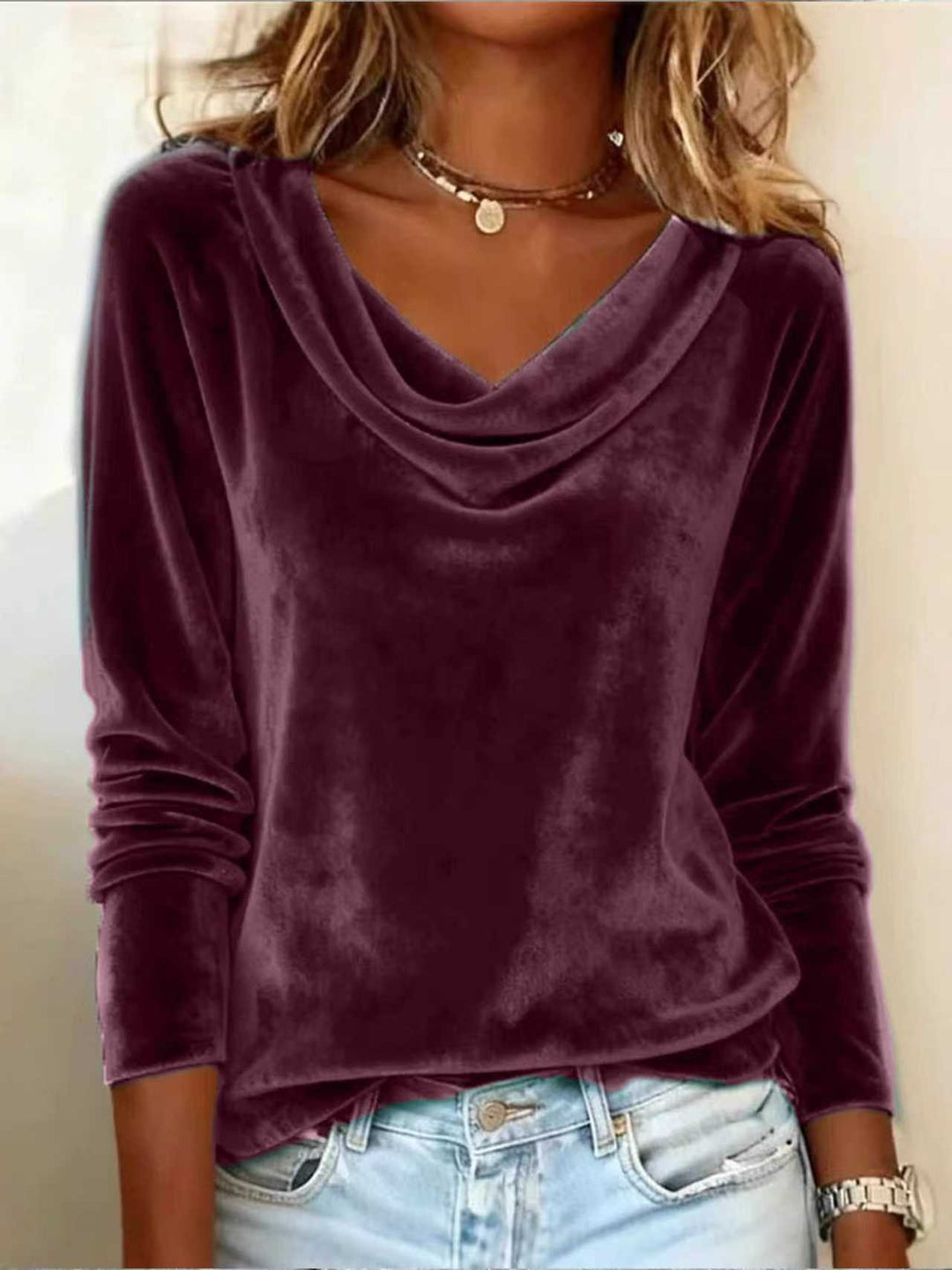 Women Velvet Long Sleeve with Waterfall Collar and Casual Cut Mune Fashion