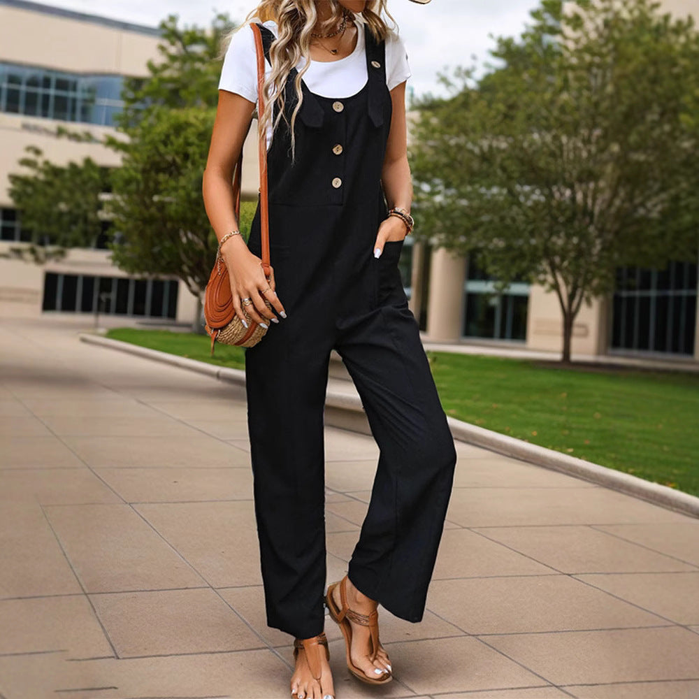 Ladies Soft-Falling Strap Jumpsuit with Wide Leg and Wooden Button Closure Mune Fashion