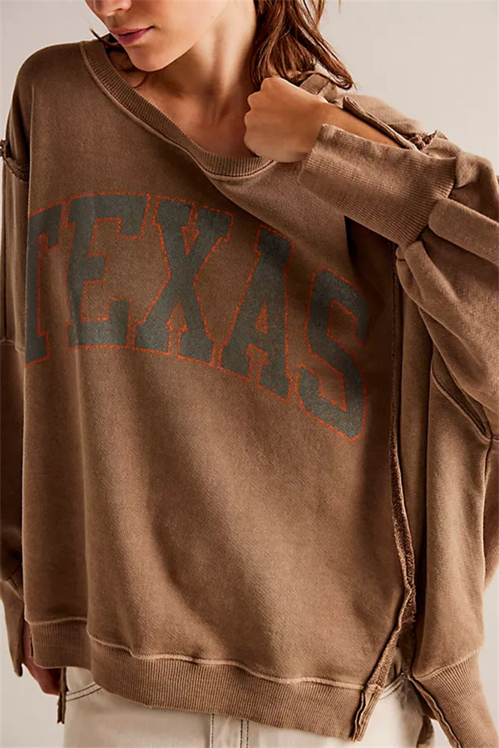 Women oversized sweatshirt with beet print, fringed seam accents and thumbhole sleeves Mune Fashion
