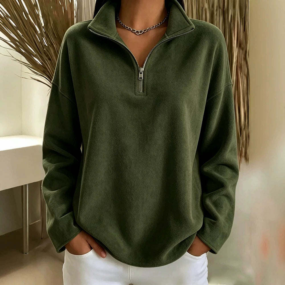 Women's Cozy Oversized Fleece Pullover with Half Zipper and Stand-Up Collar Mune Fashion