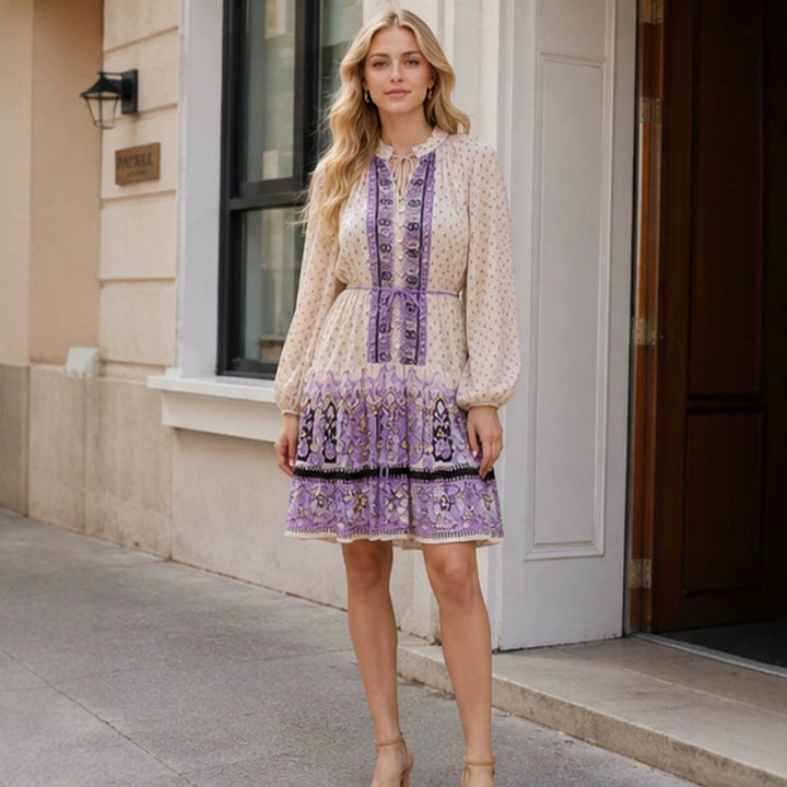Ladies Chiffon Mini Dress with Tying Collar, Balloon Sleeves and Embroidered Border Mune Fashion