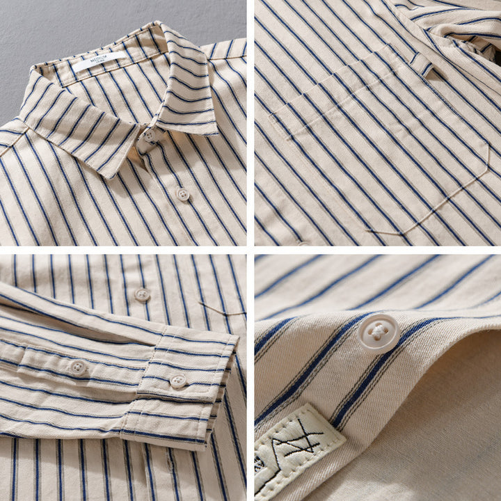 Men's Lightweight Cotton Relaxed Shirt with Vertical Double Stripe, Kent Collar and Patch Chest Pocket Mune Fashion
