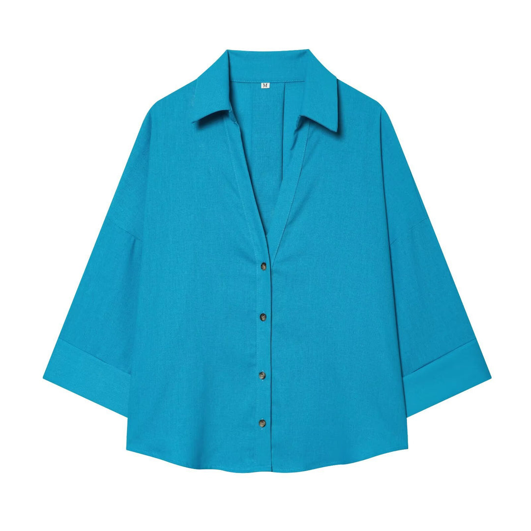 Women's relaxed oversized shirt blouse with wide collar and three-quarter sleeves Mune Fashion