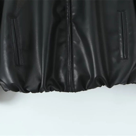 Women's Oversize Faux Leather Bomber with Shirt Collar, Concealed Zipper and Balloon Sleeves Mune Fashion