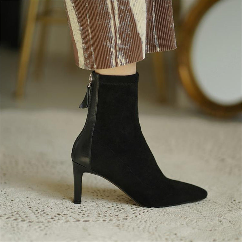 Women ankle-high ankle boots made of velour look with sock-like shaft and back zipper Mune Fashion