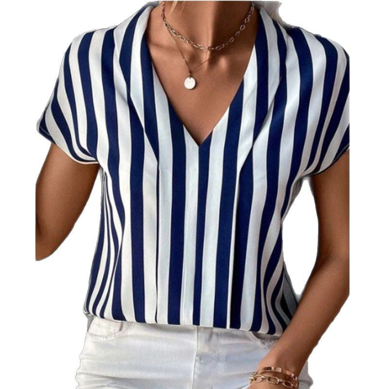Women nan V-neck blouse with vertical stripe pattern and cap sleeves Mune Fashion