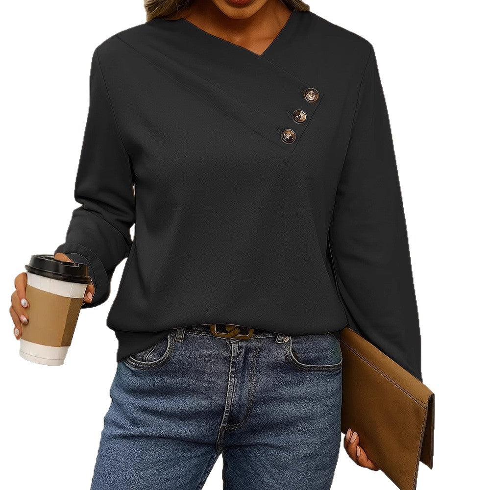 Women Asymmetrical V-Neck Blouse with Decorative Button Placket and Long Sleeve