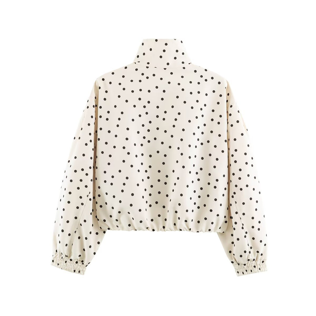Women short cut dotted bomber jacket with stand collar, zip pockets and elastic hem Mune Fashion