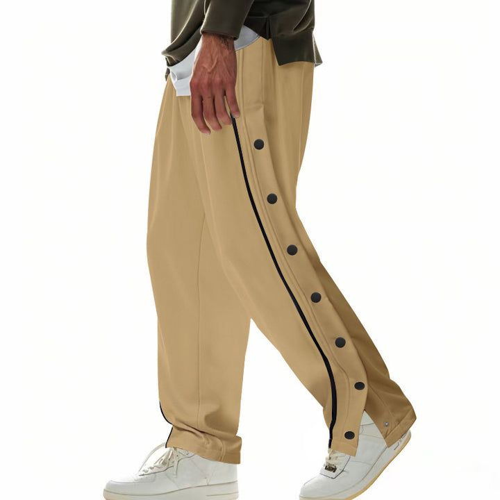 Men's wide training pants with side snap button placket, contrast stripes, elastic waistband, and straight leg Mune Fashion