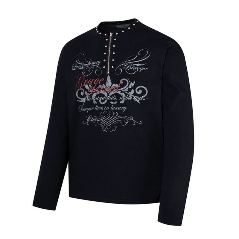 Women's long sleeve shirt with half zipper, studded collar and baroque text print Mune Fashion