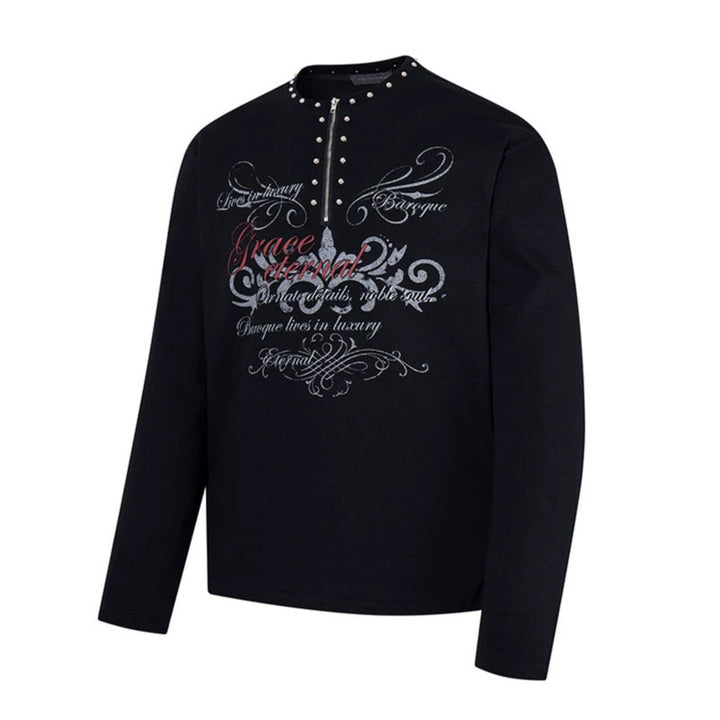 Women's long sleeve shirt with half zipper, studded collar and baroque text print Mune Fashion
