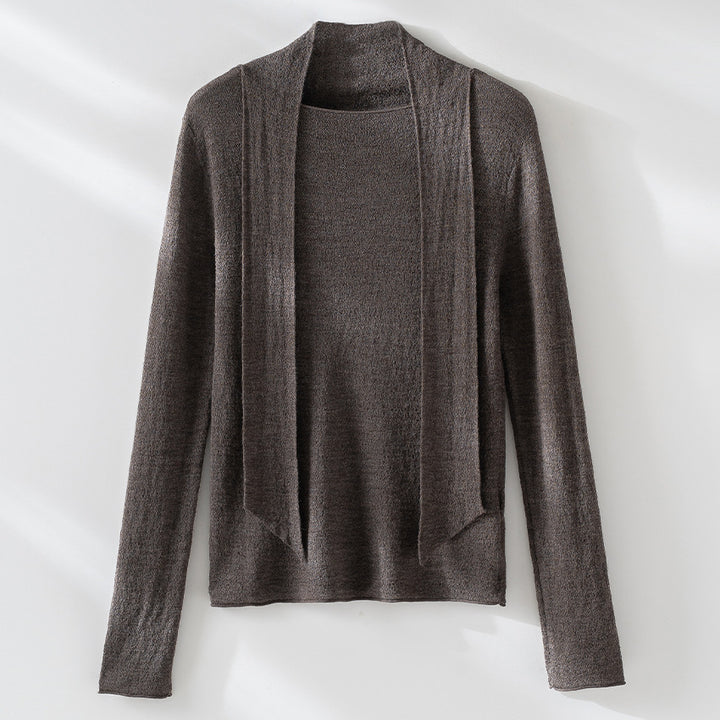 Women Fine Fine Knit Sweater with Shawl Collar and Asymmetric Loop Detail Mune Fashion