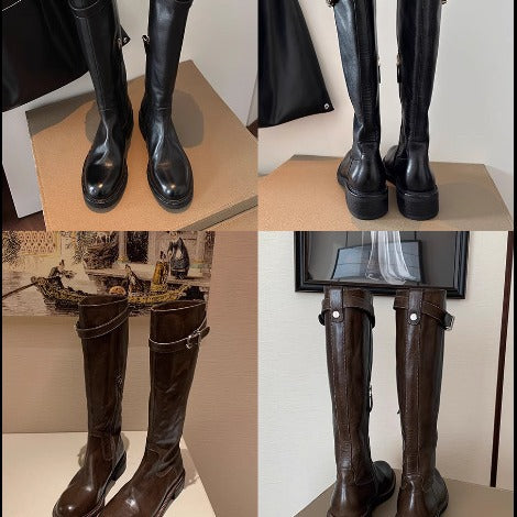 Ladies knee-high leather boots with flat profile sole and decorative strap Mune Fashion