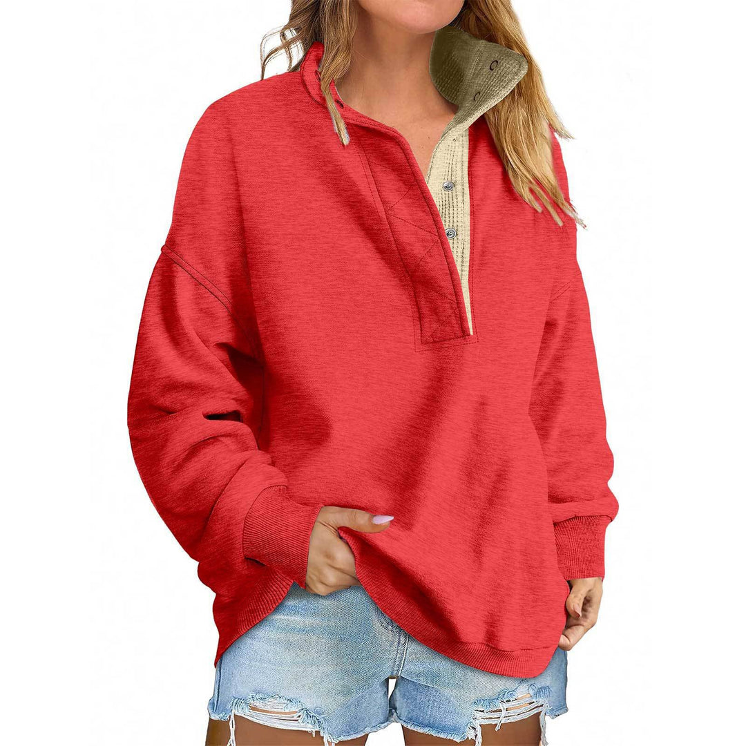 Women's Oversized Henley Sweatshirt with Stand-Up Collar and Snap Button Placket Mune Fashion