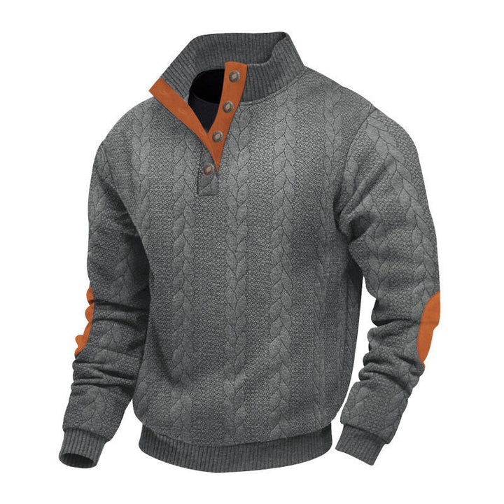 Men's chunky cable knit Troyer with button placket and suede elbow patches Mune Fashion