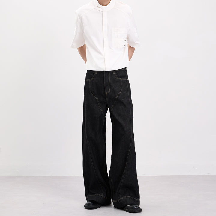 Men's Oversized Denim Palazzo Pants with Sculptural Panel Seams and Deep Crotch Mune Fashion