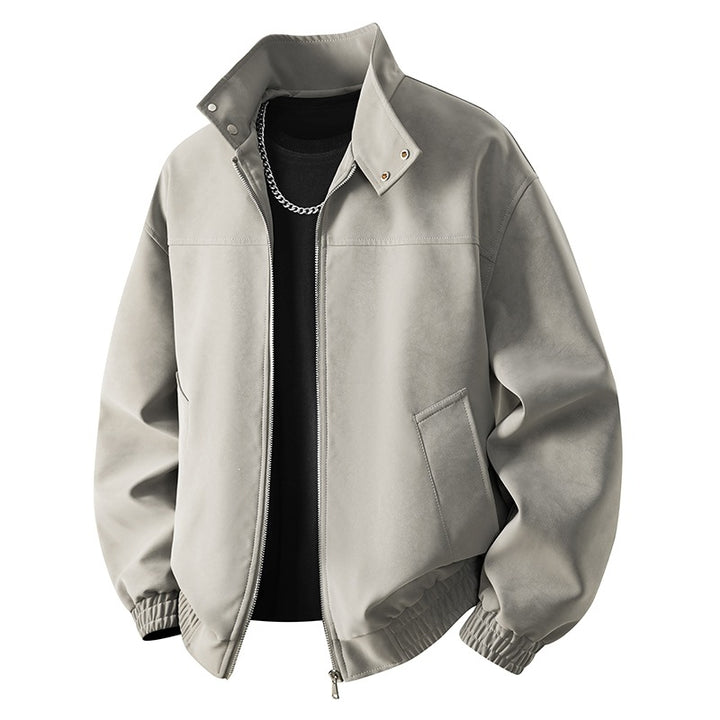 Men's Neat Velour Leather Look Bomber Jacket with Stand-Up Collar, Two-Way Zipper & Zipper Pockets Mune Fashion