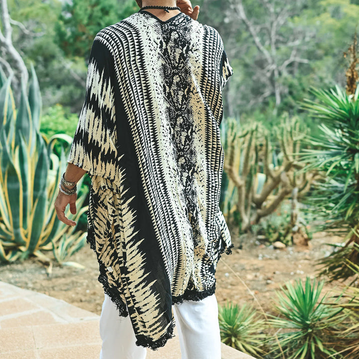Men's Lightweight Ethno Beach Kaftan with V-Neck and Fringes Mune Fashion