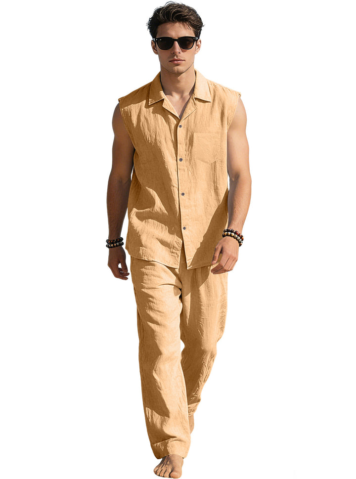 Men's sleeveless linen leisure set with lapel collar, chest pocket, and straight pants Mune Fashion