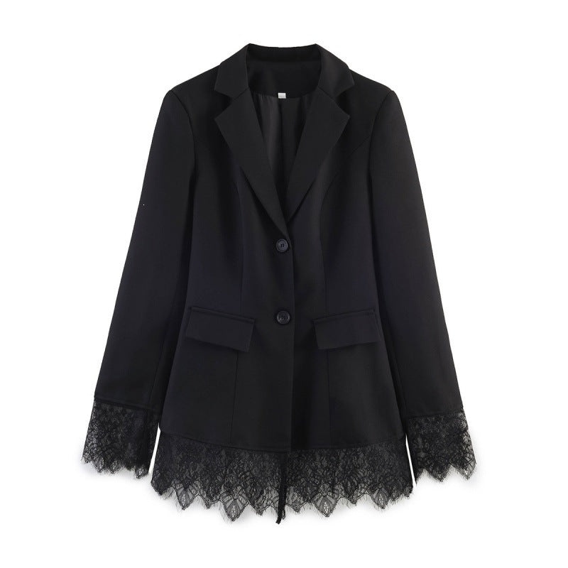 Women tailored blazer with lace trim and flared hem Mune Fashion
