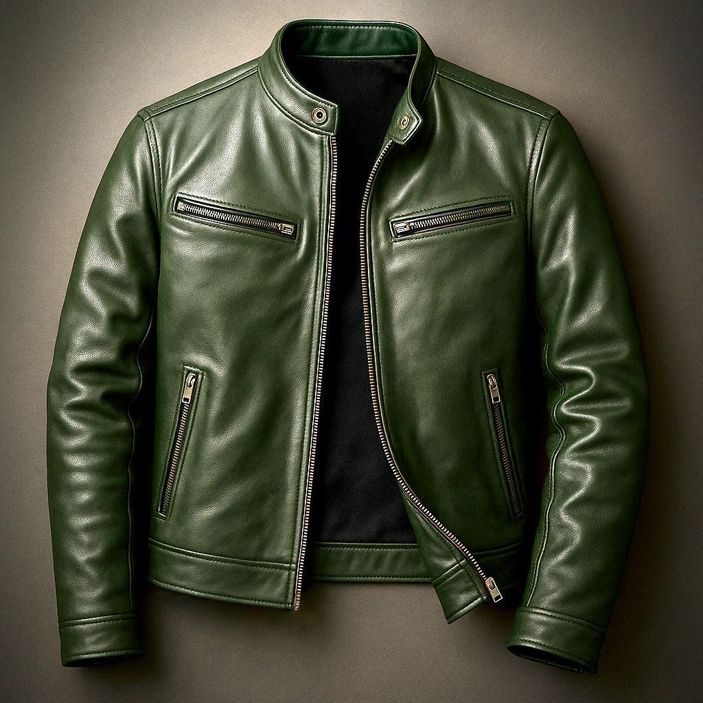 Men's Slim Fit Biker Leather Jacket made of Nappa Leather with Stand Collar and Zipper Mune Fashion