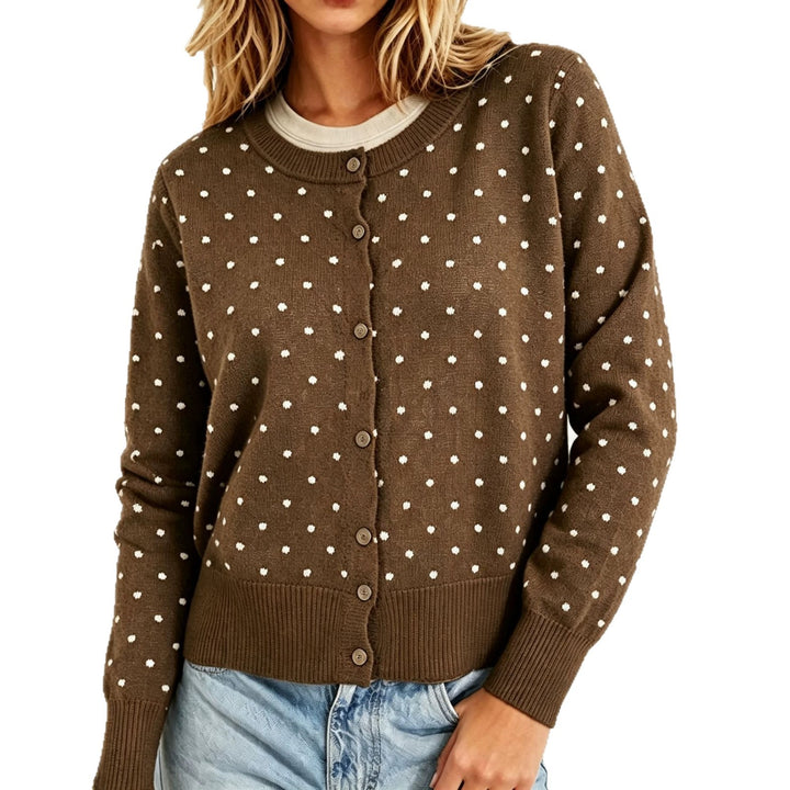 Women's Dotted Fine Knit Cardigan with Round Neck and Ribbed Cuffs Mune Fashion