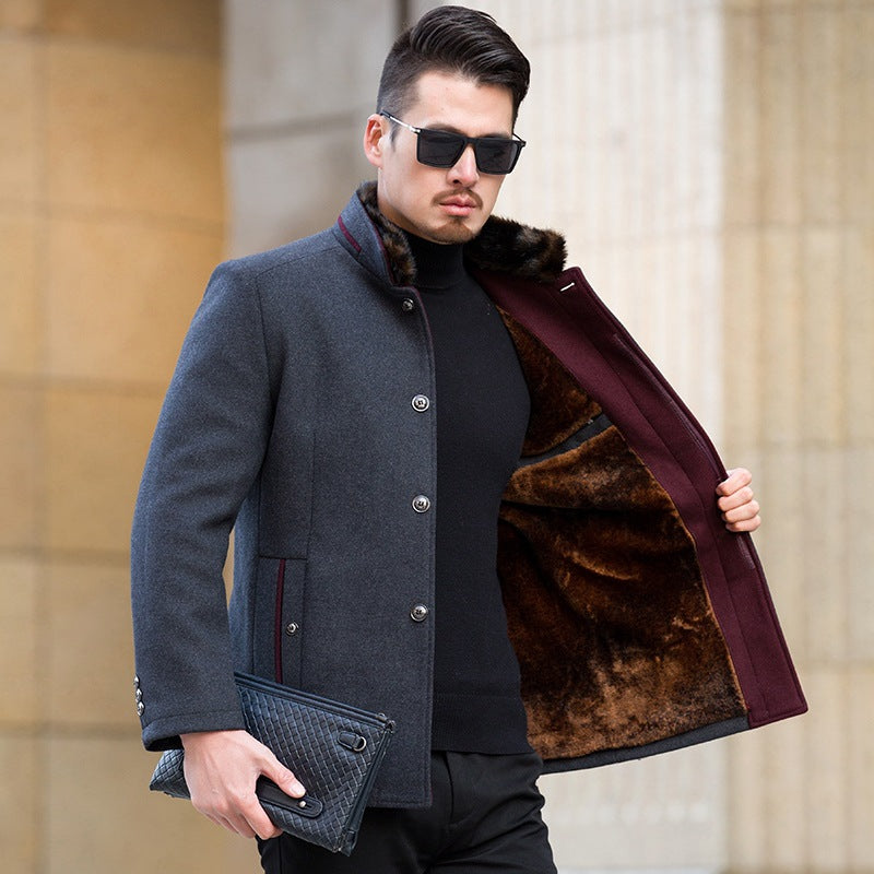 Men's wool coat with warm faux fur lining and stand-up collar Mune Fashion