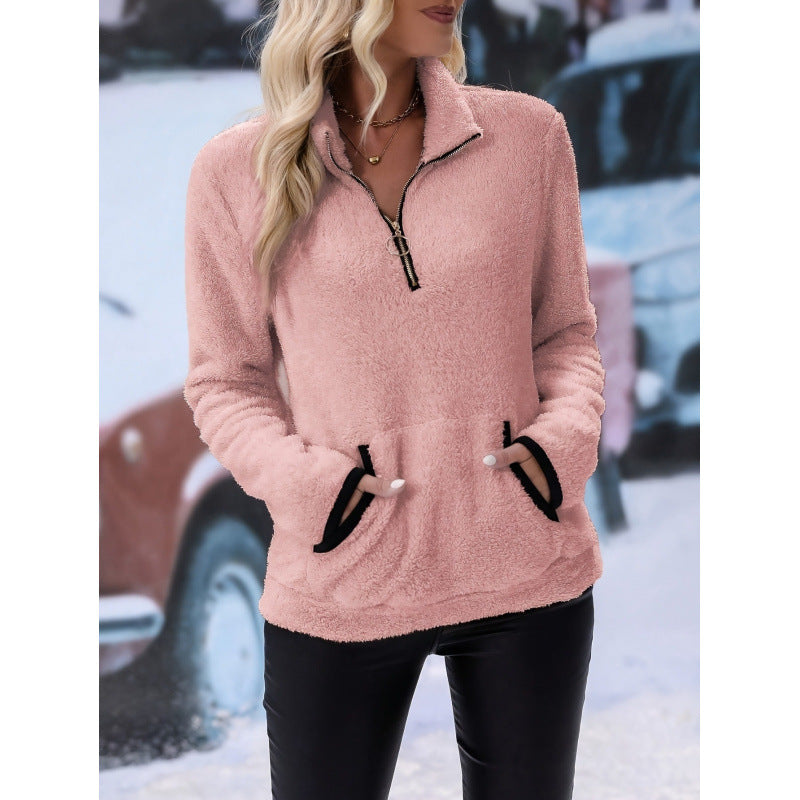 Women's fluffy fleece cuddle pullover with half zipper, kangaroo pocket and stand-up collar Mune Fashion