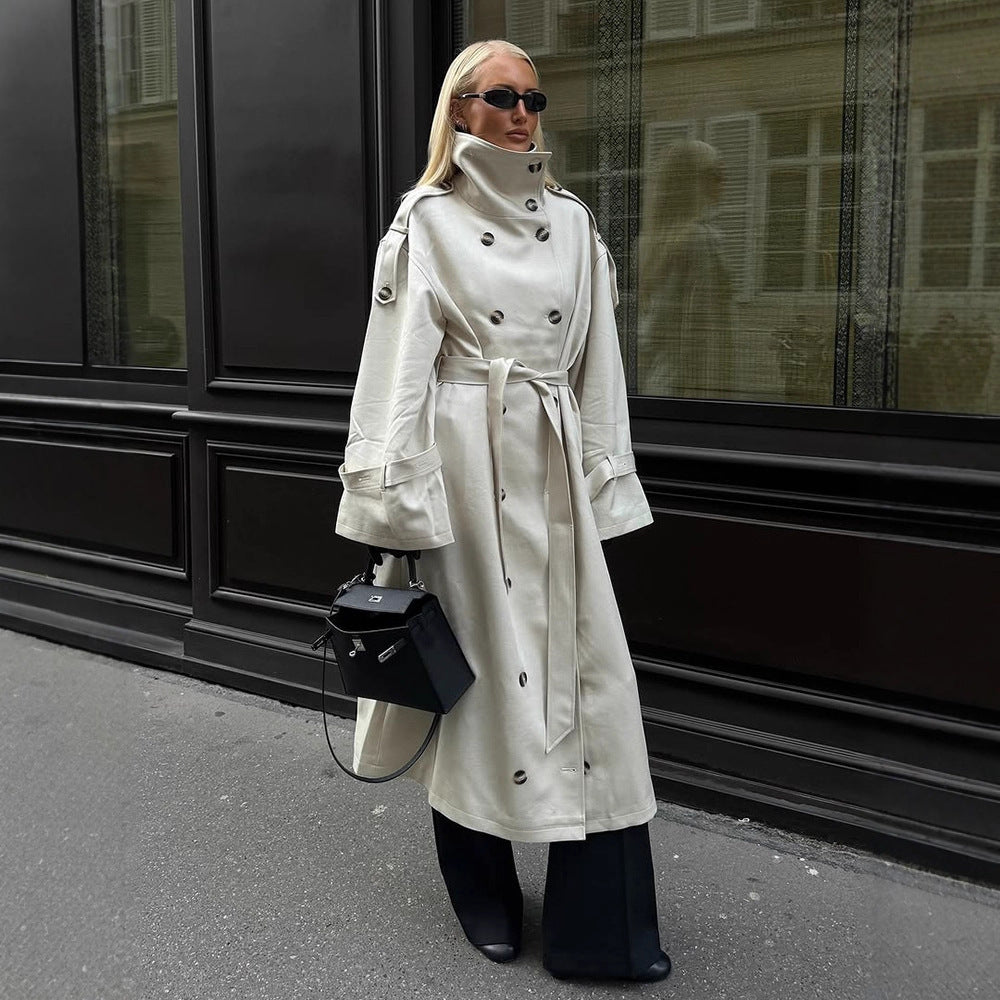 Women's Double-Breasted Leather-Look Coat with High Standing Collar and Tie Belt Mune Fashion