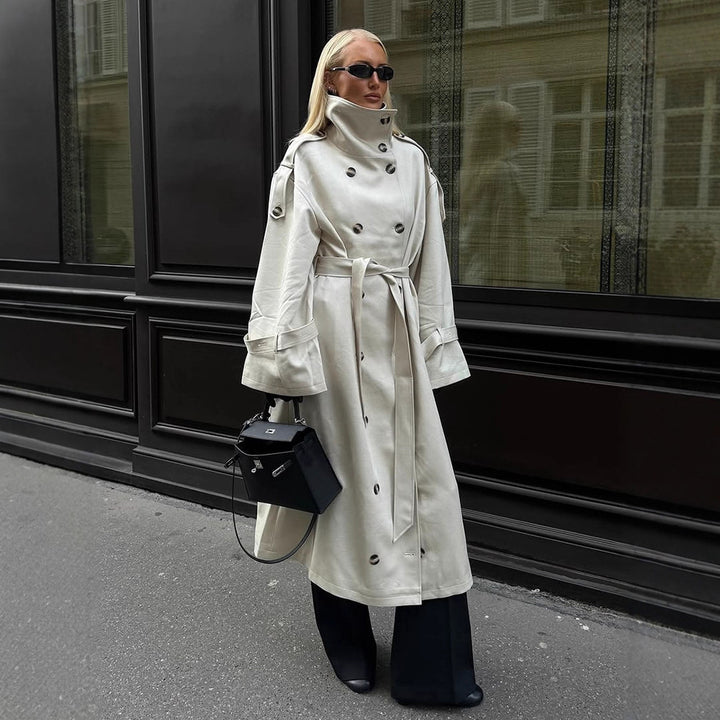 Women's Double-Breasted Leather-Look Coat with High Standing Collar and Tie Belt Mune Fashion