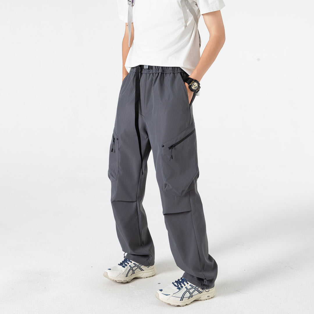 Men's Loose Utility Cargo Pants with Elastic Waistband, Zipper Pockets, and Adjustable Hem Drune