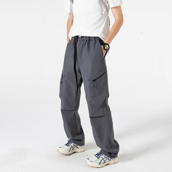 Men's Loose Utility Cargo Pants with Elastic Waistband, Zipper Pockets, and Adjustable Hem Drune