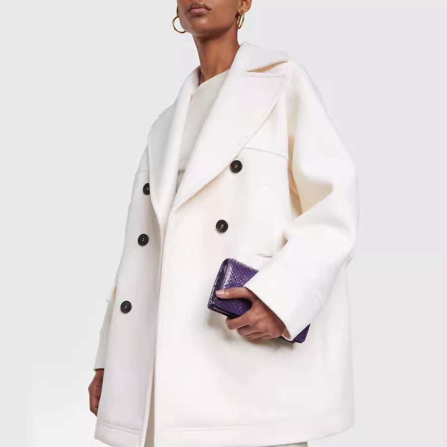 Women's short-cut double-breasted wool blend coat with wide shoulder Mune Fashion