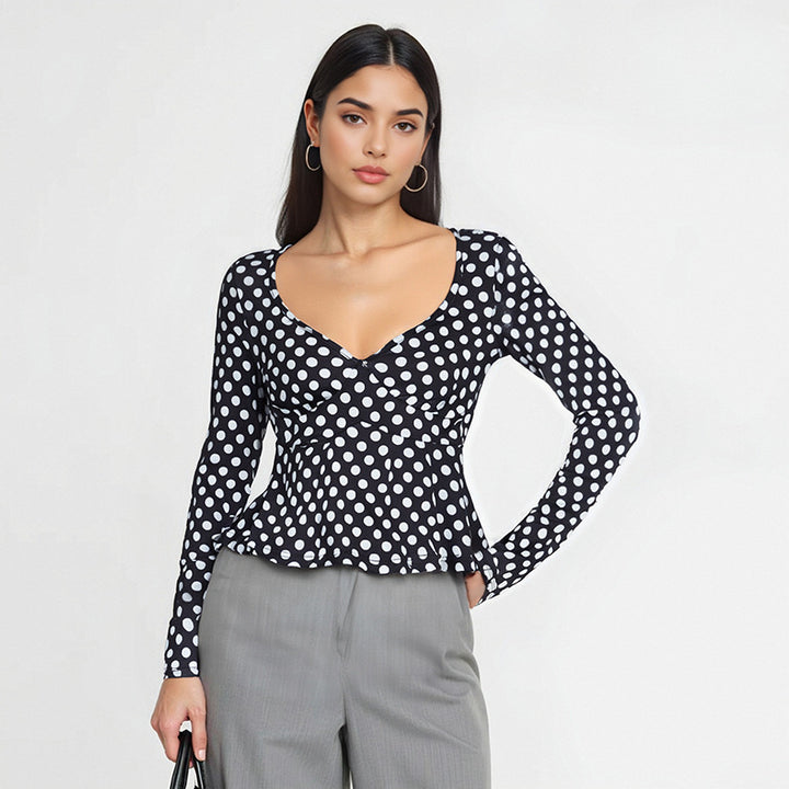 Women's long-sleeve top with polka dot pattern, fitted peplum and heart-shaped neckline Mune Fashion