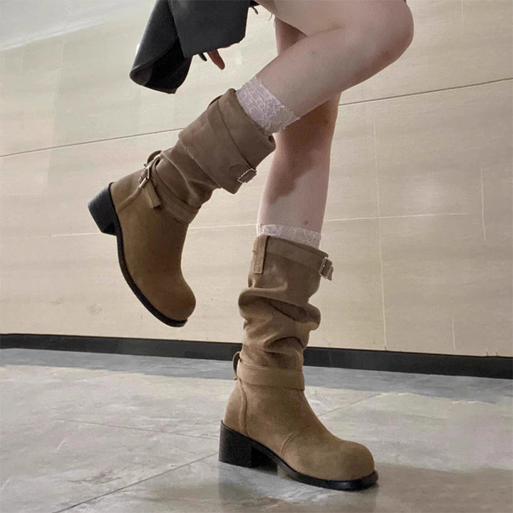 Women half-height slouch boots made of suede look with adjustable decorative straps and medium high block heel Mune Fashion