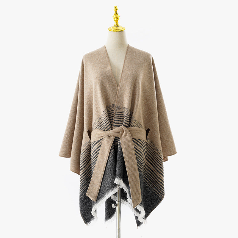 Women's Wrap Poncho with Tie Belt, V-Neck and Fringed Hem Mune Fashion