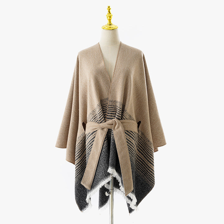 Women's Wrap Poncho with Tie Belt, V-Neck and Fringed Hem Mune Fashion