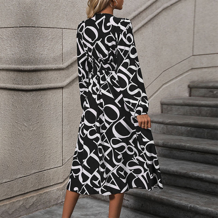 Women's midi dress with wrap V-neck, long sleeves, and side slit