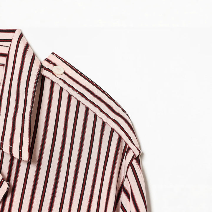 Women Striped Oversized Shirt Jacket with Drawstring Hem and Flap Pockets Drune