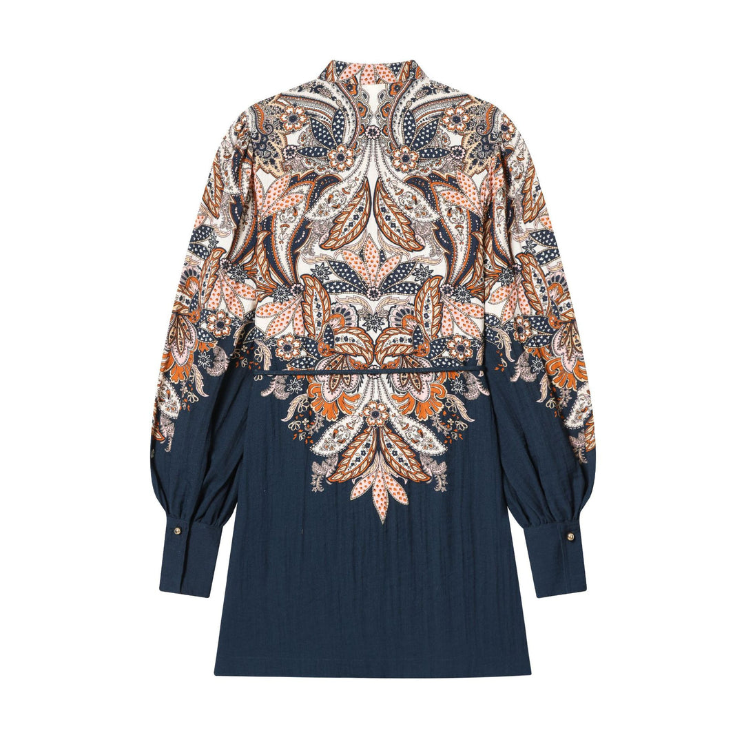 Women's Paisley Tunic with Stand-Up Collar, Waist Drawstring, and Balloon Sleeves Mune Fashion