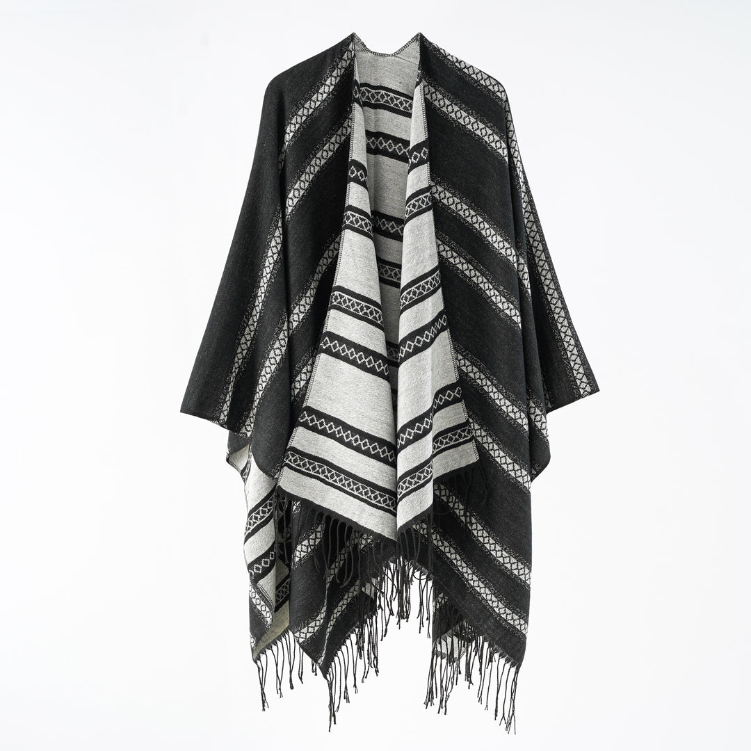 Women's wool blend wrap poncho in jacquard stripe with fringes Mune Fashion